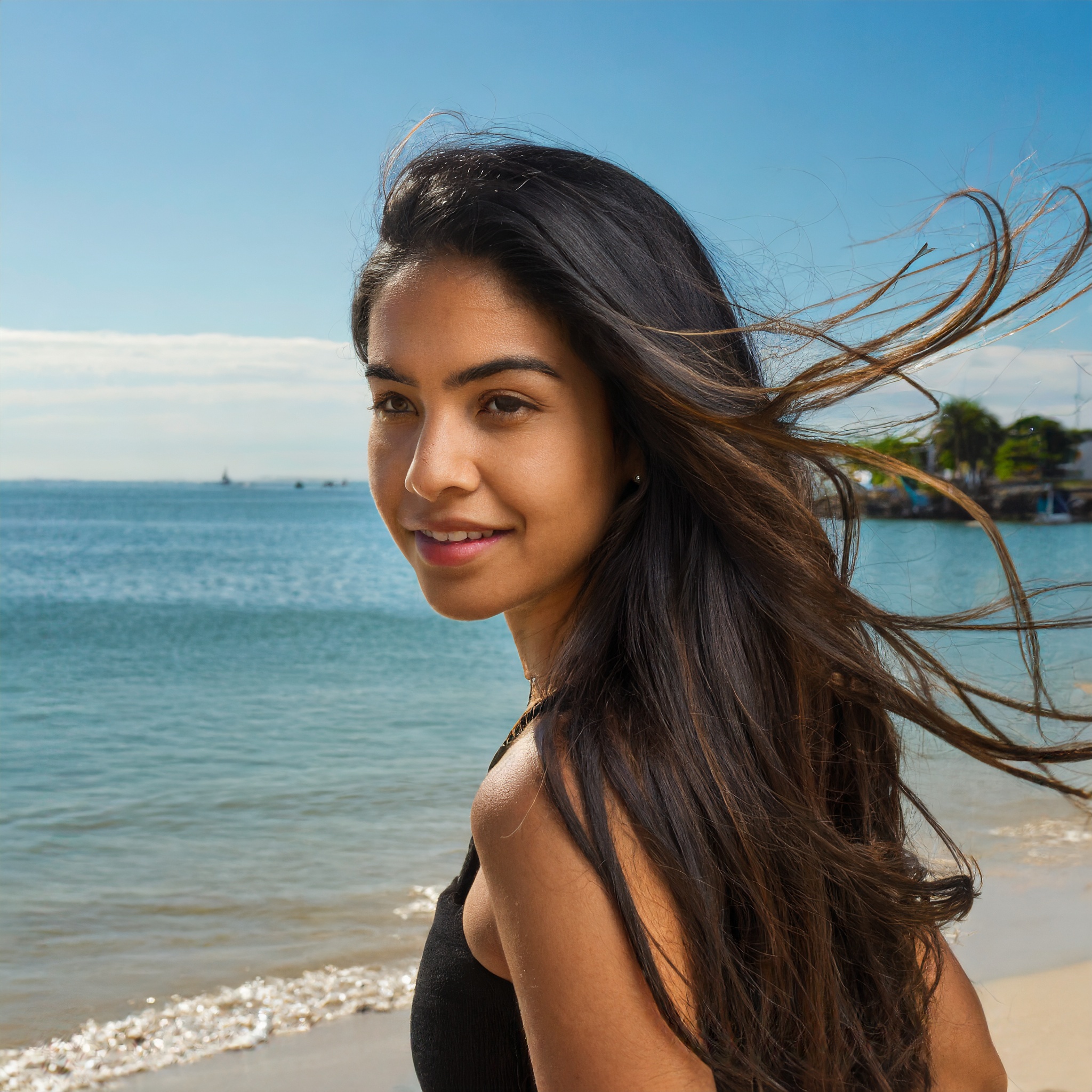 HISPANIC woman with long hair ON THE BEACH 83249